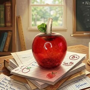 Crackle Glass art red apple hand blown fruit decor paperweight Teacher 's Gift